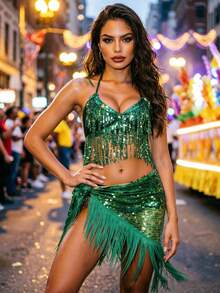Sequin Tassel Crop Top Fringe Wrap Skirt For Music Festival Nightclub Carnival Performance Multiple Colors Available - Multicolor - View 4