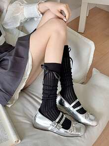 2/3 Pairs Random Black & White Back Bow Ruched Knee-High Socks For Women - Black and White - View 10