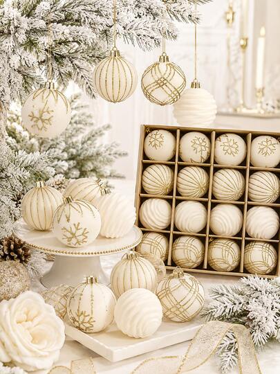 16pcs White Gold Flocked Christmas Ball Ornaments, 6cm/2.36in Flocked Christmas Balls With Glitter Snowflake, Striped, Plaid And Swirl Patterns, Elegant Hanging Christmas Tree Decor, Suitable For Holiday Party, Wreath, Garland, Fireplace And Home Decoration
