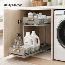 2 Tier Under Sink Organizer, Metal Pull Out Sliding Drawer Rack, Cabinet Storage Shelf For Kitchen Bathroom, Black White Grey - View 2