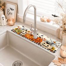 1pc Halloween Faucet Mat, Create Holiday Atmosphere, Bathroom Faucet Splash Guard, Waterproof Non-Slip Faucet Mat, Kitchen Countertop Accessory, Kitchen Dining Table Accessory, Sink, Moisture-Proof Absorbent Mat, Absorbent Draining Mat, Pumpkin Pattern, Multi-Functional Absorbent Non-Slip Mat - Multicolor - View 1