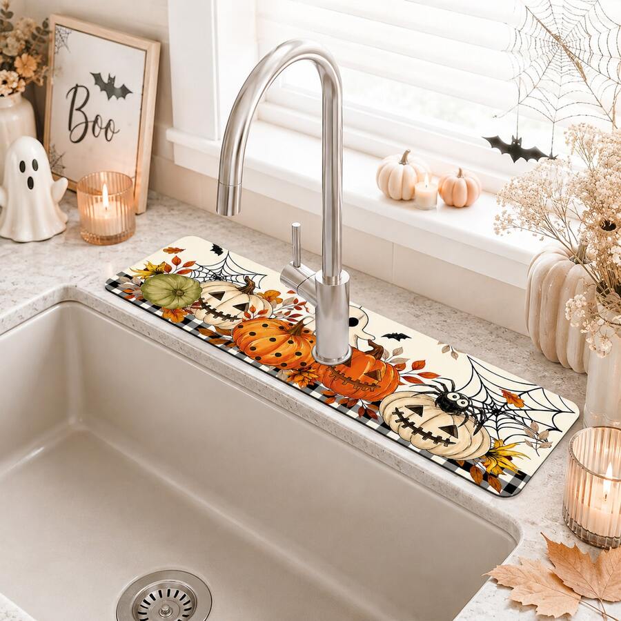 1pc Halloween Faucet Mat, Create Holiday Atmosphere, Bathroom Faucet Splash Guard, Waterproof Non-Slip Faucet Mat, Kitchen Countertop Accessory, Kitchen Dining Table Accessory, Sink, Moisture-Proof Absorbent Mat, Absorbent Draining Mat, Pumpkin Pattern, Multi-Functional Absorbent Non-Slip Mat - Multicolor - View 1