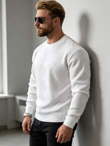 Men's Autumn/Winter Casual Round Neck Jacquard Fabric T-Shirt Top - White - View 2