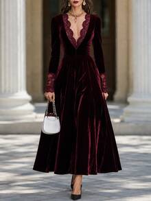 Velvet & Lace Patchwork V-Neck Women's Dress, Elegant Vintage Long Sleeve Dress For Autumn - Burgundy - View 6