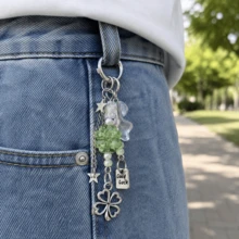 Green Four-Leaf Clover Lucky Keychain, Silver Star And Bead Pendant, Creative Bag Charm - A - View 5