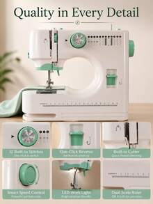 520A Portable Electric Sewing Machine, Household Double-Needle Double-Thread Automatic On-Line Multi-Function Sewing Machine, 12 Kinds Of Sewing Patterns, Adjustable Speed, With Lighting, Suitable For Family Use, - Mint Green - View 4