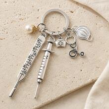 Silver Nurse Theme Keychain With Thermometer, Syringe, Stethoscope, Mask And Pearl Pendant - A - View 5