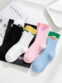 1/4 par de calcetines de media caña para mujer con bloques de color, calcetines de punto con rayas de contraste de dopamina y decoración de etiqueta con corazón, calcetines deportivos casuales suaves, adecuados para combinar con zapatillas, estilo callejero y accesorio de moda de dopamina diario - Multicolor - Ver 4