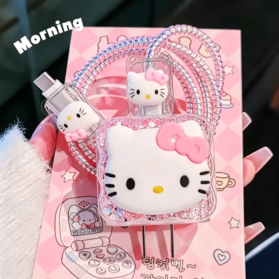 1 Hello Kitty Cartoon 3D Printed Data Cable Protective Cover - Charger Anti-Break And Anti-Tangle Protection Set, Charger And Cable Protective Cover, Christmas Gift Adapter Charging Cable Cartoon Protective Cover, Suitable For Everyone
