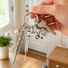 Silver Nurse Theme Keychain With Thermometer, Syringe, Stethoscope, Mask And Pearl Pendant - A - View 4