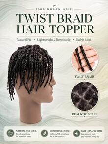 Men's Braided Hairpiece, Full Injection PU Base 100% Human Hair, 6 Inch Undetectable Invisible Men's Hair System, Ultra-Thin Breathable Skin-Tone Base Natural Hair System, Daily Men's Hair Replacement - Natural Black - View 7