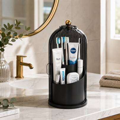Rotating Dustproof Storage Box With Sliding Lid,360°Spin Multi-Compartment Vanity Organizer,Holds Toothbrushes,Toothpaste,Makeup Brushes And Lipsticks,Stable Plastic Countertop Caddy For Bathroom Dorm Apartment,White,Smoke Gray,Dark Green And Black