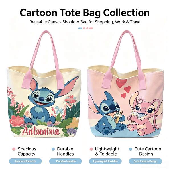 Autumn Thanksgiving Disney Cartoon Cute Stitch & Mickey Full Print Canvas Tote Bag, Large Capacity Cute Star Pattern Black Ribbon Shoulder Bag, Suitable For Women's Daily Commute, Shopping, Leisure, Street Shopping, Party Gift, Gift