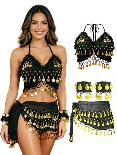 Belly Dance Coin Halter Crop Top Tassel Hip Scarf Coin Wrist Cuffs For Stage Dance Party Performance Multiple Colors Available