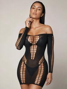 1pc Women's Sexy Lingerie With Open Crotch And Sheer Fishnet Stockings For Halloween, Valentine's Day, Christmas - Black - View 3