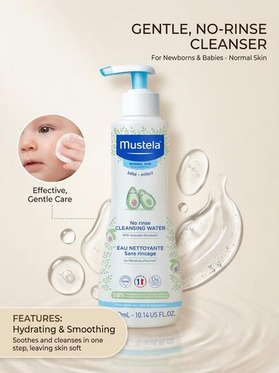 Mustela No Rinse Cleansing Water 10.14oz/300ml – Cleansing Water, No-Rinse, For Babies, Avocado Perseose, Suitable For Diaper Changes