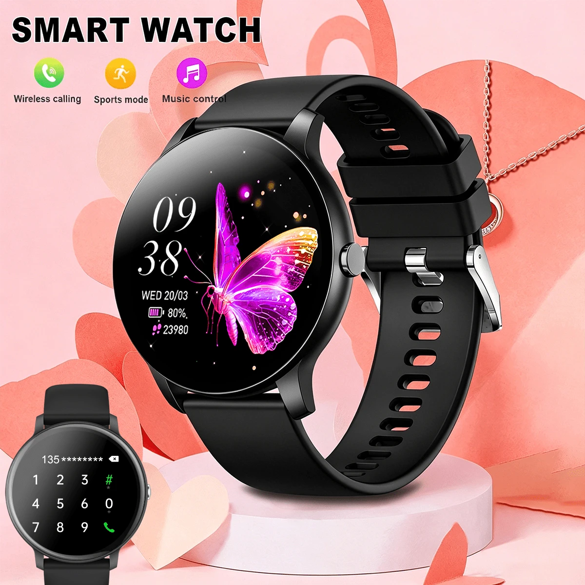 QAGSFLC Round Smart Watch, Supports Multiple Languages, Fashion Sports Women's Watch, Wireless Calling, Calorie, Step Counting, Stopwatch, Sports Mode, Distance Tracking, Music Control, Remote Camera, USB Charging, Multi-Function, Holiday Gift, Business Casual Wristwatch For Professionals