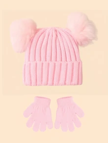 Autumn/Winter Minimalist Versatile Warm Double Pom-Pom Solid Color Kids Knitted Hat & Gloves Set, 2pcs/Set - 2pcs - View 18