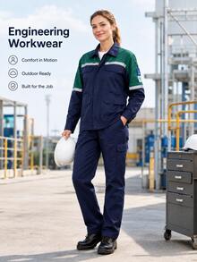 Navy Blue & Green Reflective Strip Workwear Jacket, Unisex Long Sleeve Work Uniform For Workshop And Construction Site - Navy Blue - View 4