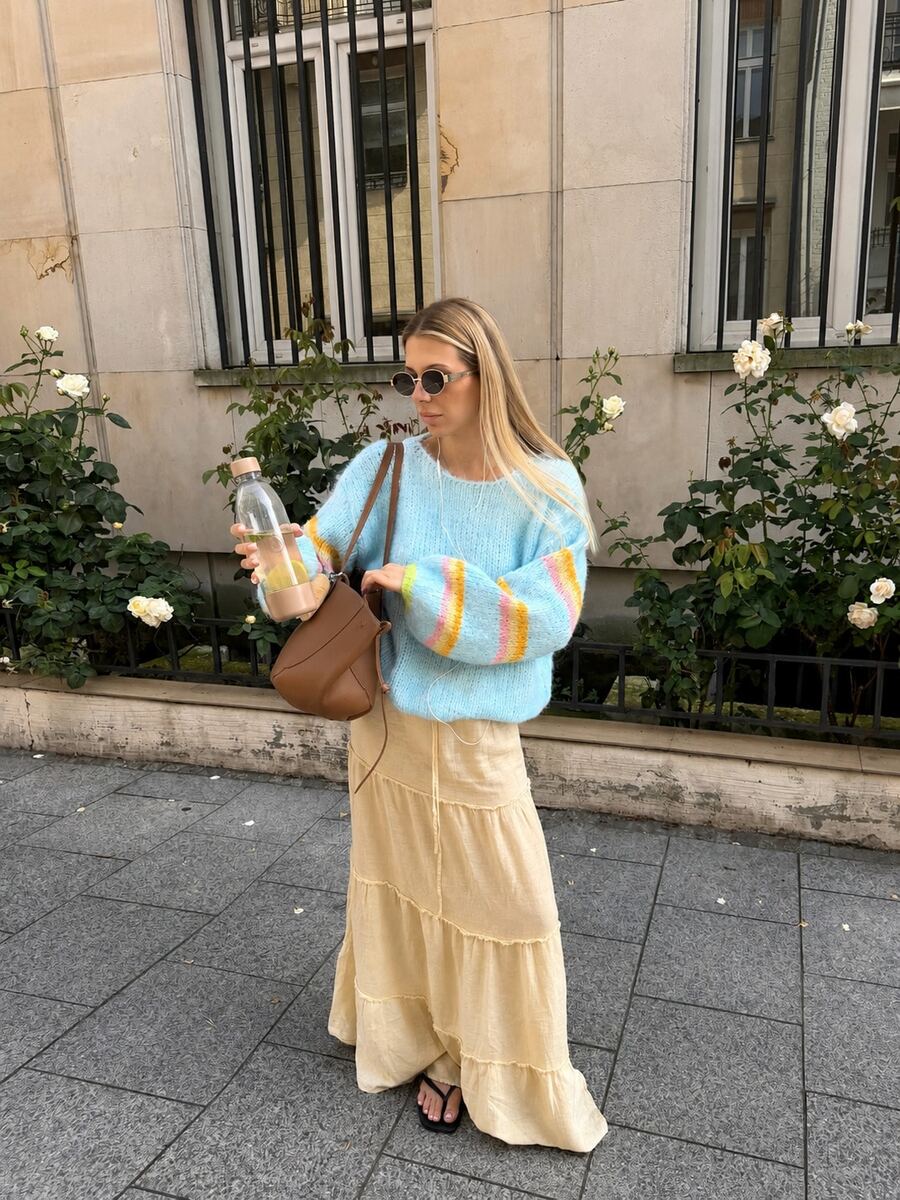 Senya Women's Blue Fuzzy Knit Sweater, Multi-Color Striped Sleeve Crew Neck Pullover, Soft Comfortable Loose Casual Top, Autumn/Winter Street Style - Mint Blue - View 1