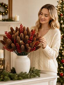 40pcs Pine Cone And Red Berry Decorations | Realistic Plastic Branch Christmas Tree Decor | Winter Wedding And Wreath Centerpiece Decorations | Durable Pine Cone And Red Berry Ornaments | Holiday Berry Wreath Accessories - Multicolor - View 5