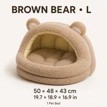 Brown Bear Ear Semi-Enclosed Pet Bed, Soft Teddy Fleece Texture Cat Cave Bed With Cushion, Suitable For Cats And Small Dogs Indoor Autumn/Winter Pet Bed, S/M/L 3 Sizes - Brown - View 9