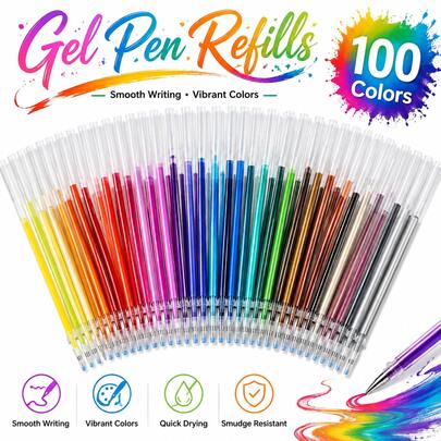 100 Pack Gel Pen Ink Refills, 100 Colors Gel Pens With For Adult Coloring Books Drawing Doodling Art Markers Scrapbooking Journaling