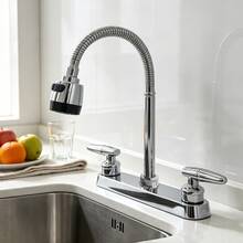 Kitchen Sink Faucet With Flexible Gooseneck Sprayer, Dual Handle Hot And Cold Water Mixer Tap, 3-Hole Deck Mount Kitchen Faucet - Silver - View 1