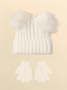 Autumn/Winter Minimalist Versatile Warm Double Pom-Pom Solid Color Kids Knitted Hat & Gloves Set, 2pcs/Set - 2pcs - View 4