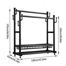 Double‑Pole Floor‑Standing Movable Coat Rack With Universal Casters For Easy Movement, Side Hooks, Double‑Layer Storage Space, Thickened Stable Tubing, Available In Black And White, Provides Large‑Capacity Storage For Clothes, Hats And Shoes - A - View 10
