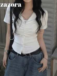 Button V-Neck Ruched Slim Fit Short Sleeve T-Shirt, Sweet & Cool Spicy Girl Style, Waist-Cinched, Lightweight, Breathable, Slightly Sheer, Slimming, Versatile Everyday Top - White - View 1