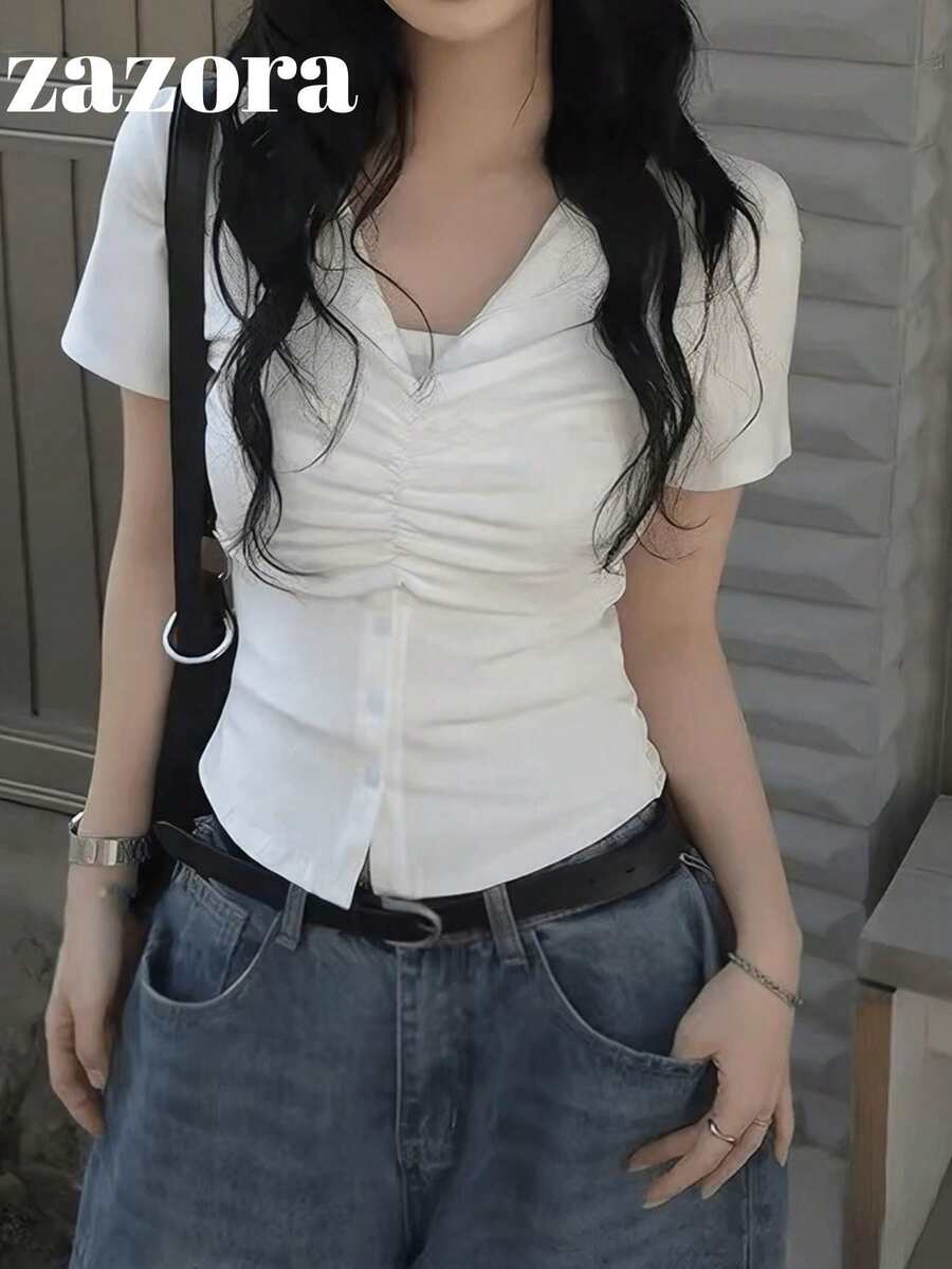 Button V-Neck Ruched Slim Fit Short Sleeve T-Shirt, Sweet & Cool Spicy Girl Style, Waist-Cinched, Lightweight, Breathable, Slightly Sheer, Slimming, Versatile Everyday Top - White - View 1