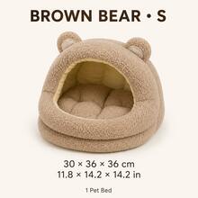 Brown Bear Ear Semi-Enclosed Pet Bed, Soft Teddy Fleece Texture Cat Cave Bed With Cushion, Suitable For Cats And Small Dogs Indoor Autumn/Winter Pet Bed, S/M/L 3 Sizes - Brown - View 11