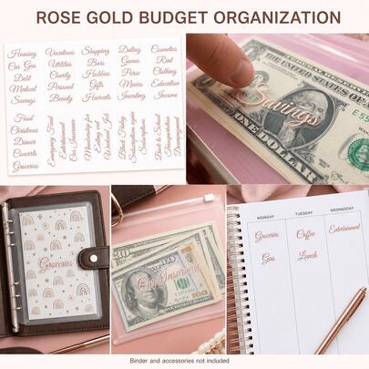 1set Rose Gold Script Budget Stickers, Binder Labels For Cash Envelopes, Wallets And Weekly Budget Planners
