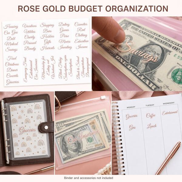 1set Rose Gold Script Budget Stickers, Binder Labels For Cash Envelopes, Wallets And Weekly Budget Planners