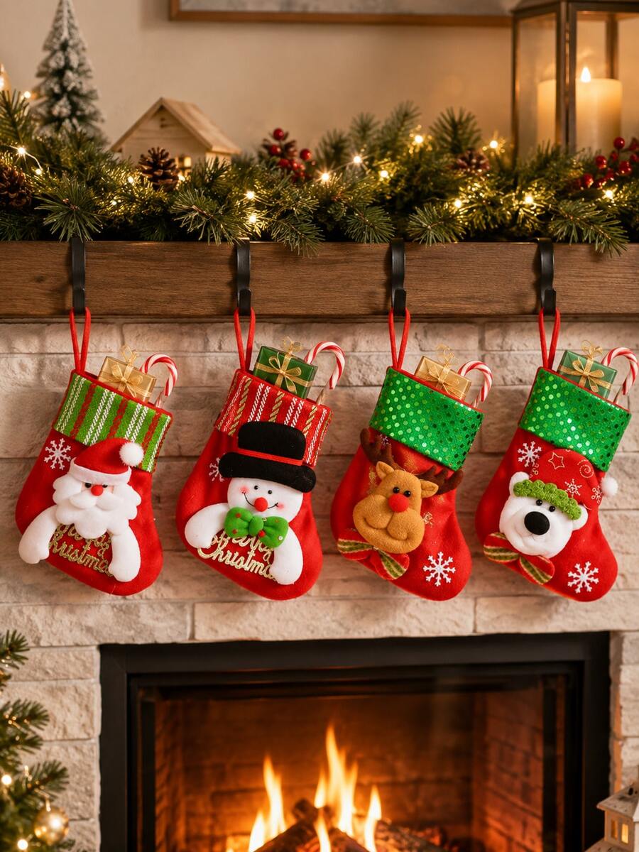 1pc Christmas Stocking, Hanging Gift And Candy Bag, Santa Claus Snowman Reindeer Bear Designs, For Home Decor Lovers, Fireplace Mantel And Christmas Tree Decoration, Holiday Party Favor, Festive Gift Wrap - Multicolor - View 1