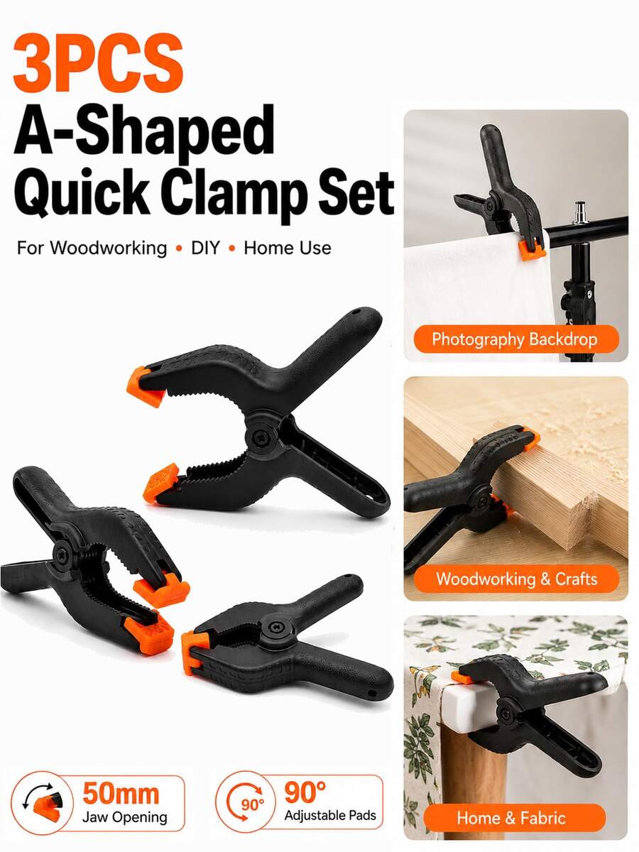 3 buah/Set Penjepit Cepat Tipe A 4 Inci, Penjepit Pegas Bukaan 50mm dengan Bantalan Lunak yang Dapat Diatur 90°, Cocok untuk Pengerjaan Kayu, Pemasangan Panel Fotografi, Kerajinan DIY, dan Penggunaan di Rumah - View 1