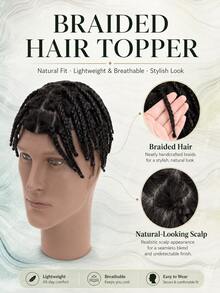 Men's Braided Hairpiece, Full Injection PU Base 100% Human Hair, 6 Inch Undetectable Invisible Men's Hair System, Ultra-Thin Breathable Skin-Tone Base Natural Hair System, Daily Men's Hair Replacement - Natural Black - View 6