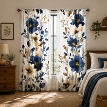 2pcs Blue & White Watercolor Floral Pattern Semi-Sheer Bedroom Curtains, 90GSM Polyester Semi-Transparent Privacy Protection, Elegant Style Living Room Curtains, Kitchen Curtains, Suitable For Home, Room, Kitchen Partition Or Decoration, Rod Pocket Design Easy Installation, Quick Dry, Washable, Fade-Resistant, Lightweight Removable Curtains - Multicolor - View 1