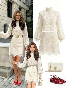 Autumn Promotion Floral Lace Sheer 2pcs Sets Women's Autumn French Vintage Elegant Creamy Color Lace Mesh Stand Collar Puff Sleeve High Waist White - White - View 5