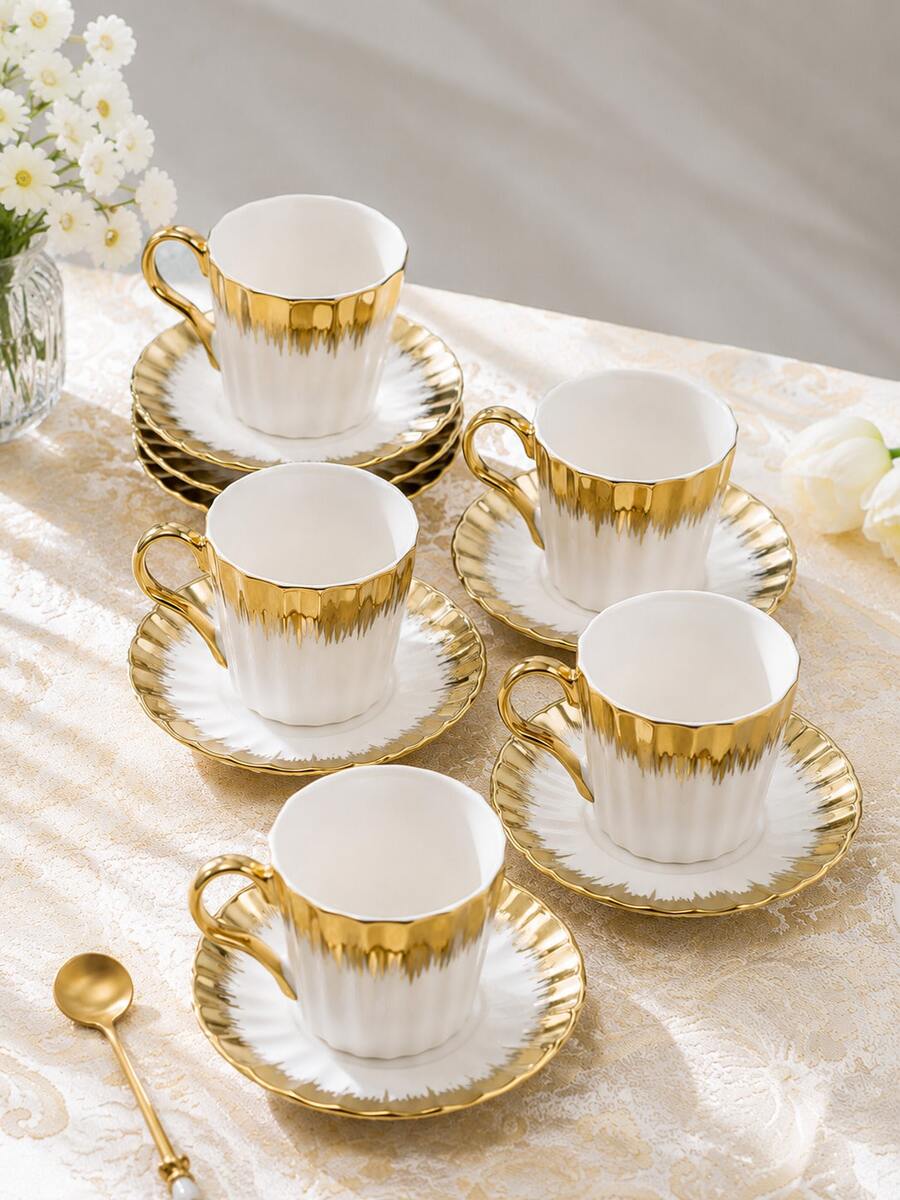 Coffee Cup Set With Saucers 6 Pieces, 3.5oz Gold Trim Ceramic Espresso Cups, Small Porcelain Demitasse Cups For Turkish Coffee, Espresso, Cappuccino, Latte, Macchiato & Tea, Elegant Drinkware Set For Home Café Bar, Coffee Lovers Gift - White - View 1