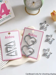 2/3 Pcs Silver Hollow Star Heart Triangle BB Clips, Color Enamel Dainty Hair Barrettes, Versatile Hair Accessories For Girls & Students - Multicolor - View 2