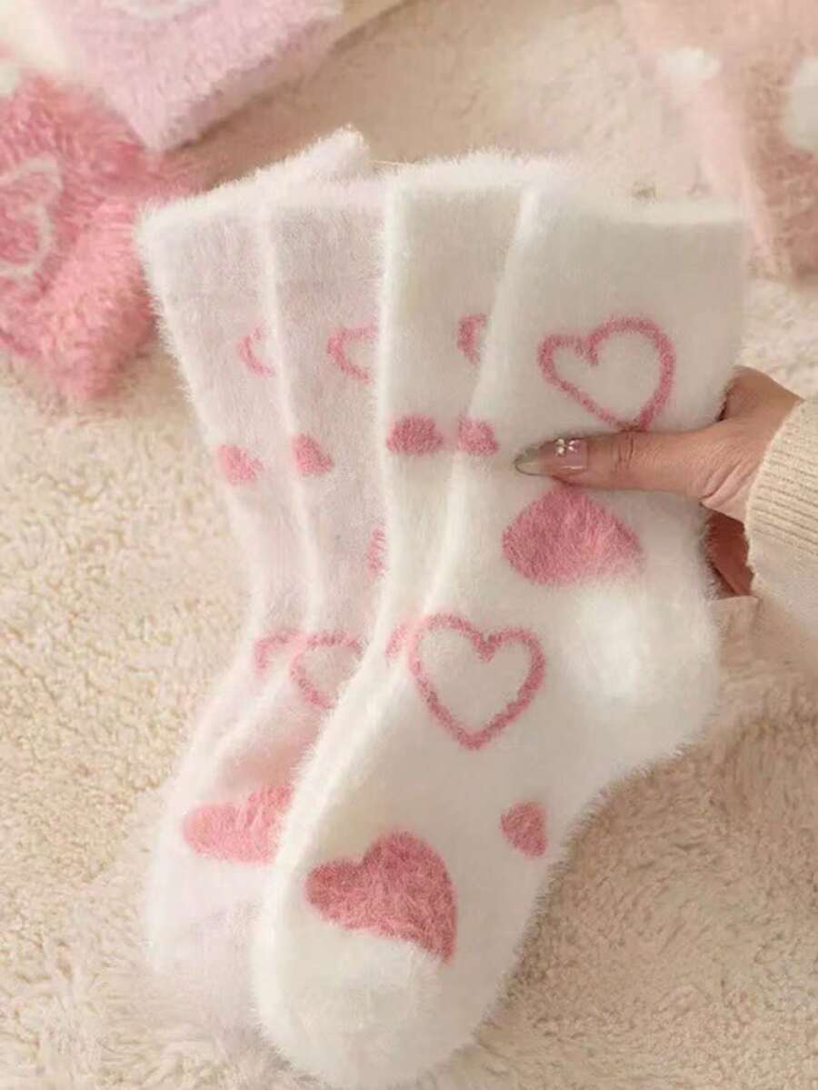 2/4 Pairs White And Pink Fuzzy Women's Mid-Calf Socks, Heart Pattern Warm Socks, Soft And Comfortable, Random Color - Multicolor - View 1