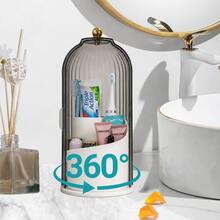 360° Rotating Makeup Brush Holder With 180° Sliding Cover And Clear Dustproof Lid,Gold Knob,3-Compartment Large Capacity Toothbrush Storage Organizer For Bathroom Vanity Countertop,Toothpaste,Available In White, Smoky Gray,Dark Green And Black - Grey - View 5