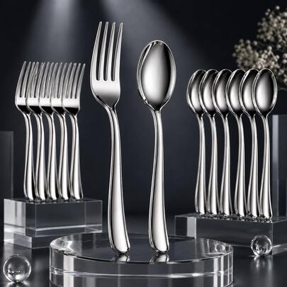 10/25/50pcs Silver High-Quality Tableware, Perfect For Dinner Parties And Events: Birthday, Carnival, Ramadan/Wedding, Holiday Tableware, Event Dining Utensils, Decorative Tableware Valentine's Day Decor, Easter Decor, Lightweight Tableware, Smooth Surface