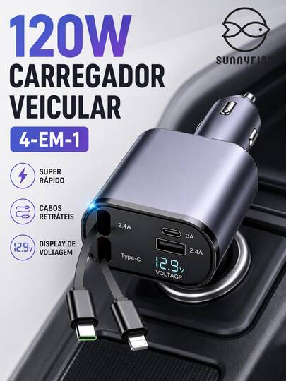 Carregador Veicular 120W Super Rápido 4‑em‑1, com Cabos Retráteis, Display de Voltagem, Rotação 180° para Carro