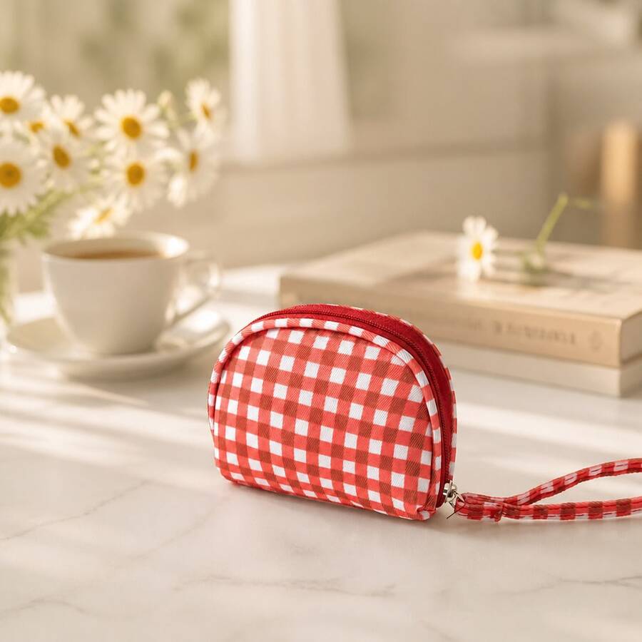 1pc Red Gingham Storage Bag, Zipper Portable Organizer Pouch With Wrist Strap, Multi‑Size Checkered Storage Pouch For Travel Daily Use - Multicolor - View 1