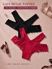 APRSEA 2pcs/Set Women's Black Floral Lace Sexy Panties, Random Color - Multicolor - View 1