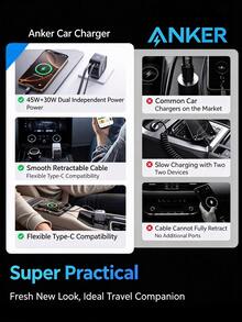 anker A2738 75W Retractable Car Charger For Apple IPhone USB Cigarette Lighter Socket With Built-In Cable - Type-c Retractable Cable + Type-c Port - View 3