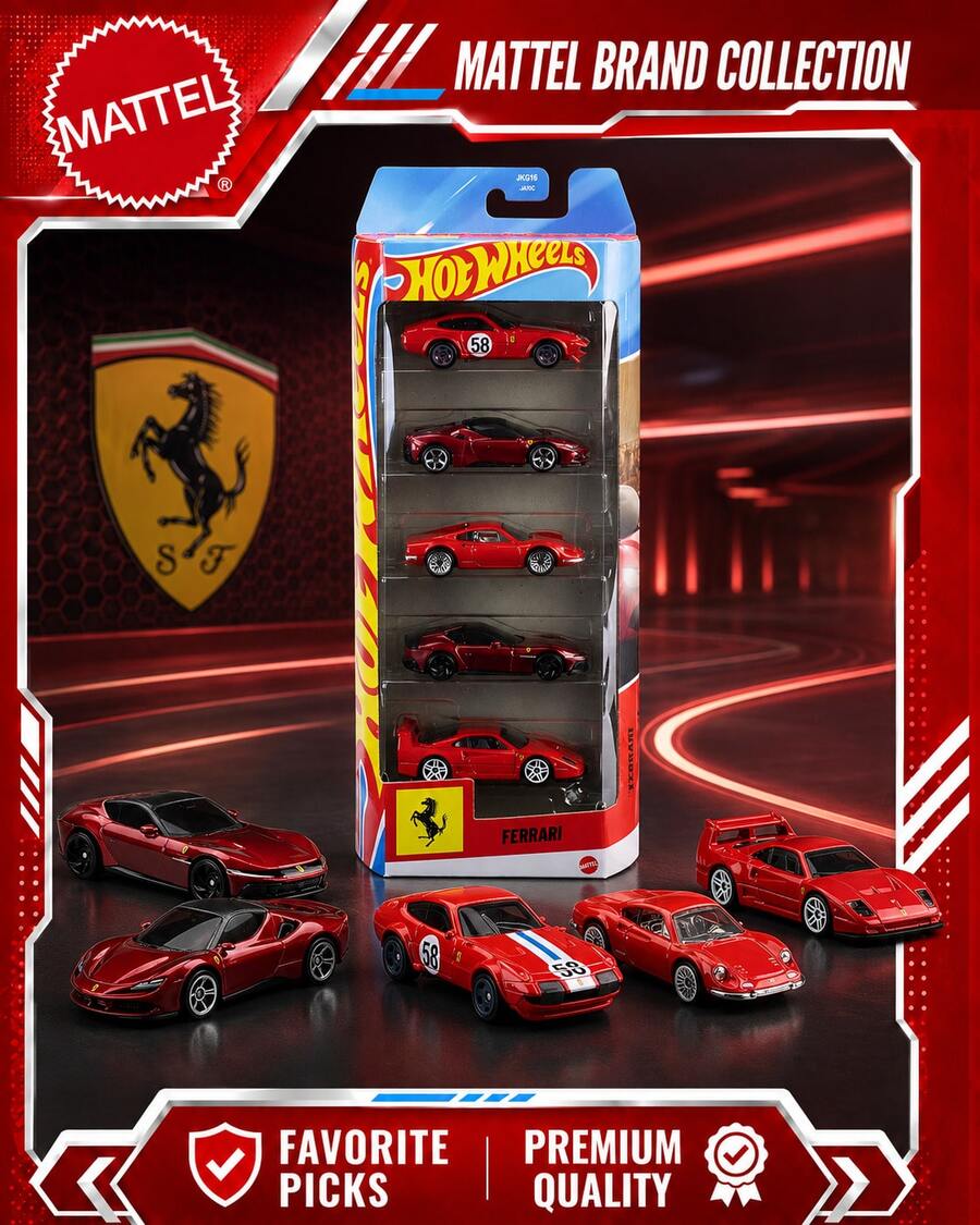 Mattel Hot Wheels Ferrari 5-Car Pack, 1:64 Scale Die-Cast Model Car Collection, Officially Licensed Set Of Five Iconic Red Ferrari Sports And Racing Vehicles For Collectors, Desktop Display, Shelf Decor And Auto Enthusiasts - Multicolor - View 1